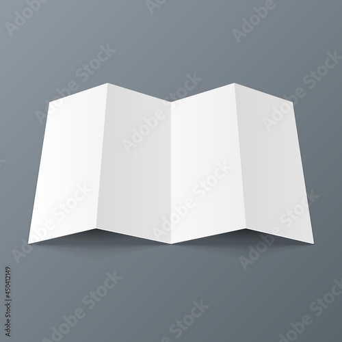 Blank Four Folded Fold Paper Leaflet, Flyer, Broadsheet, Flier, Follicle, Leaf A4 With Shadows. On Gray Background Isolated. Mock Up Template Ready For Your Design. Vector EPS10