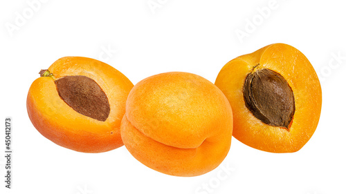 Apricots with leaves isolated on white background with clipping path