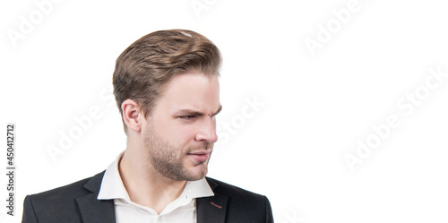 Face of serious handsome professional business man isolated on white copy space, portrait