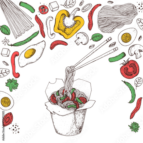 Hand drawn vector illustration - Wok box sketch, ingredients for wok . Noodles in a carton box. Asian food.