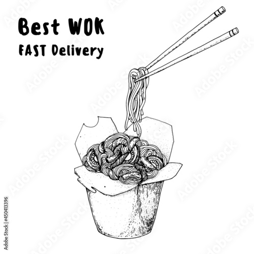 Hand drawn vector illustration - Wok box and chopsticks sketch. Noodles in a carton box. Asian food.