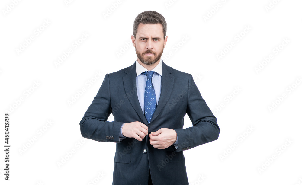 Serious professional man adjust formal suit business dress code