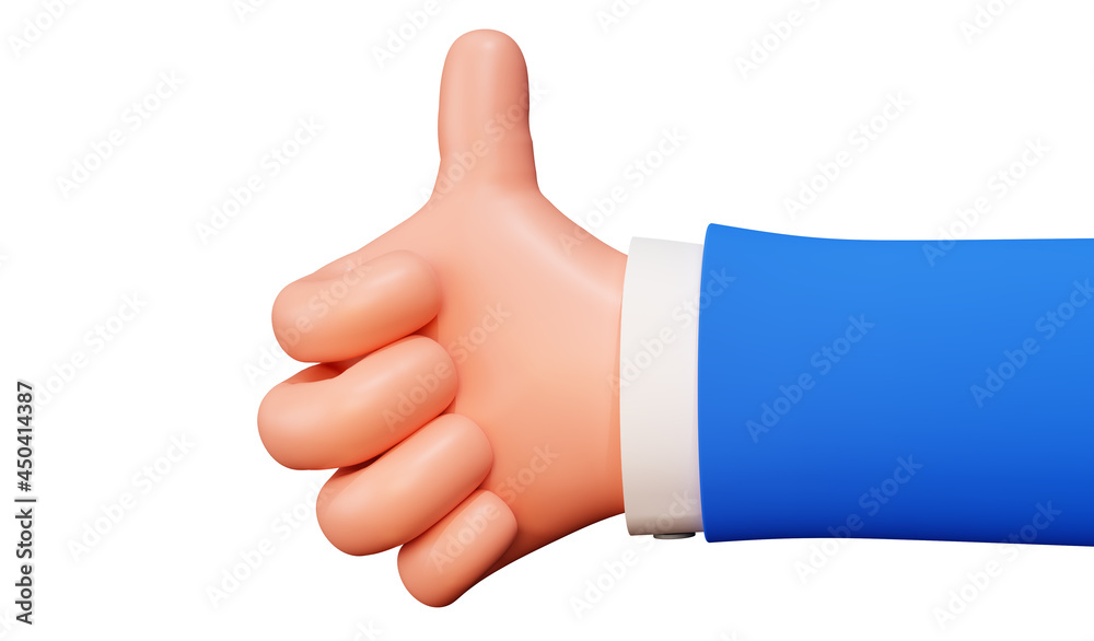 Cartoon hand, gesture thumb up, isolated on a white background. 3d illustration of a gesture with a raised thumb. The cartoon character businessman hand, 3d render