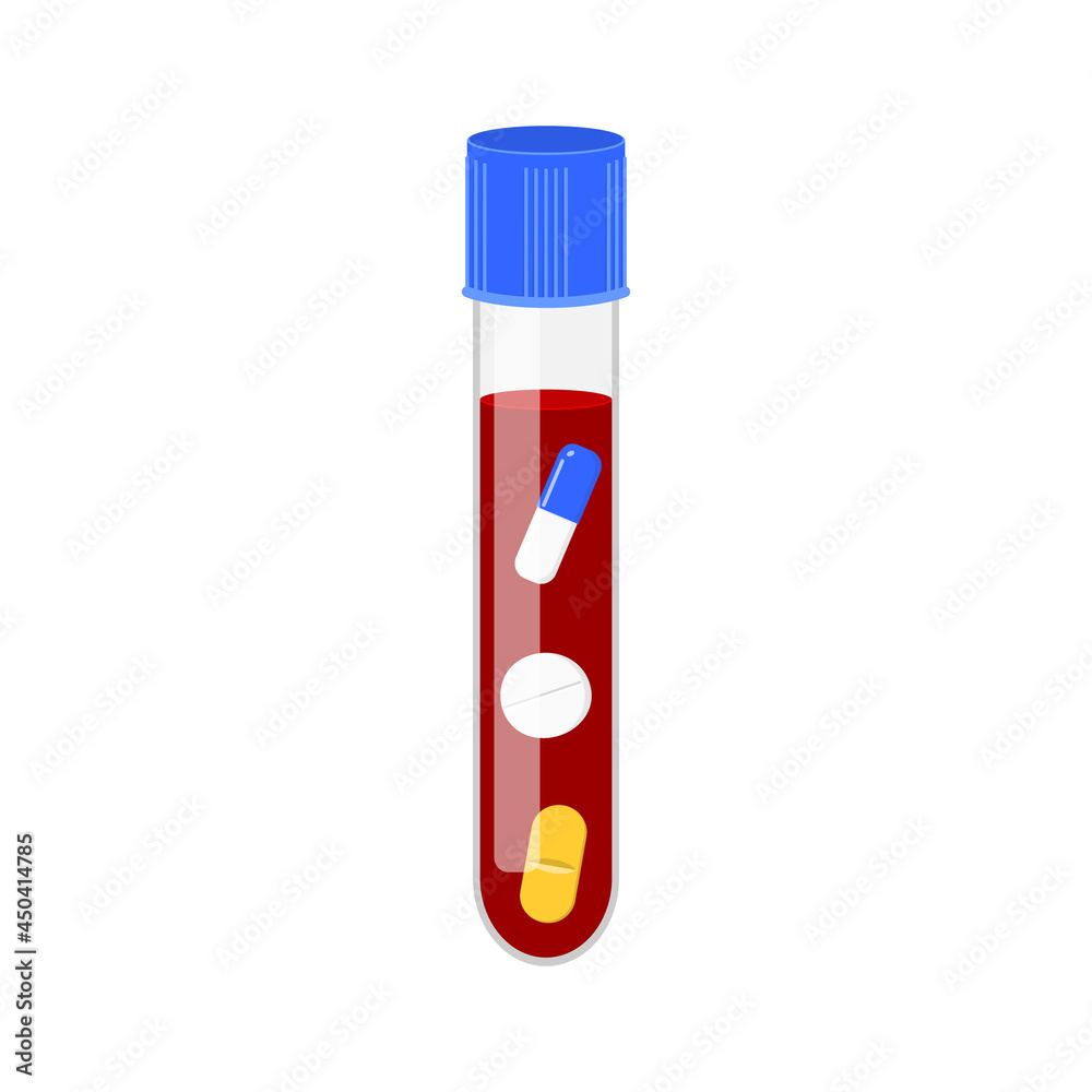 Blood sample with drugs. Doping control in sport. Positive result of post accident drug testing. Vector cartoon illustration. Blood sample with drugs. Doping control in sport. Positive result of post accident drug testing. Vector cartoon illustration.