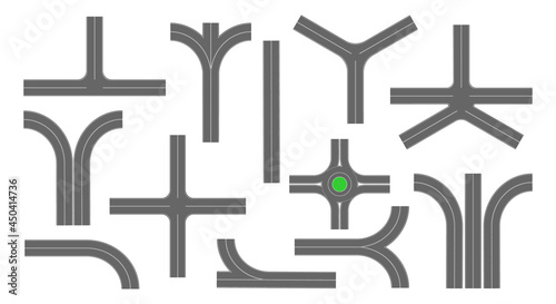 Asphalt road intersections top view. Different highway parts with marking isolated on white background. Set of roadway elements for city map. Vector flat illustration.