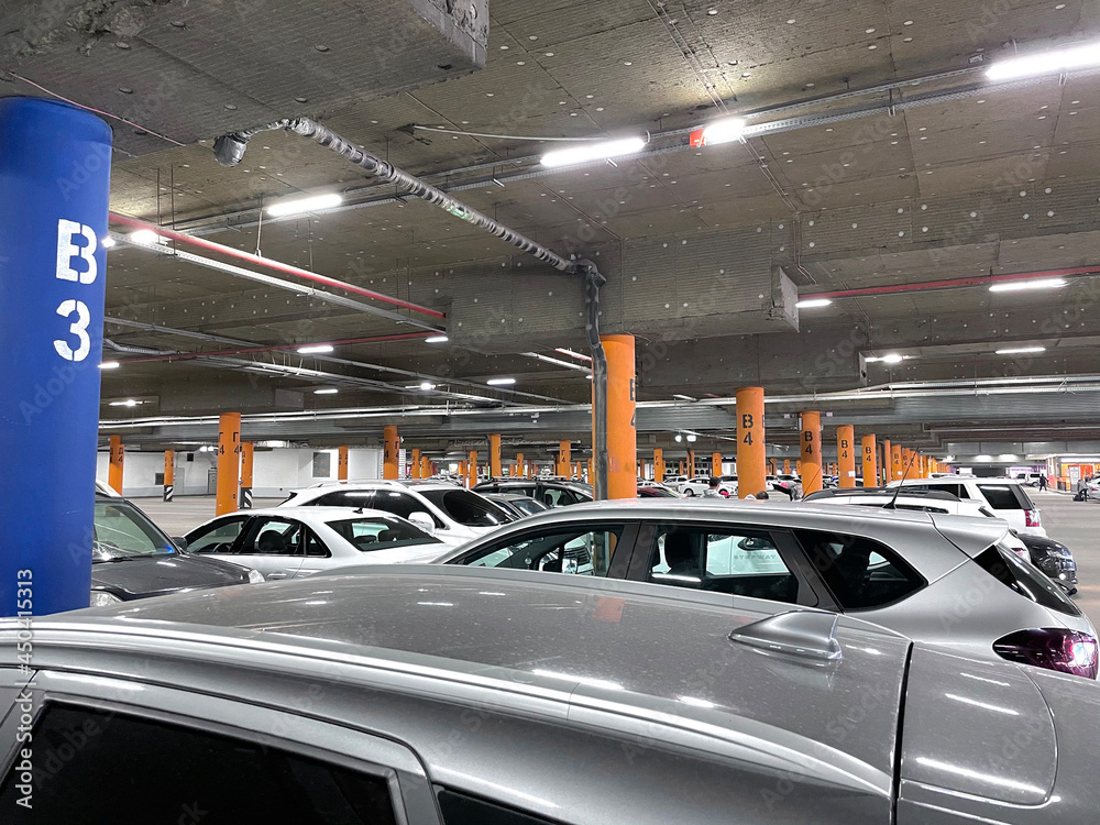 inside the underground basement car parking, transport city garage