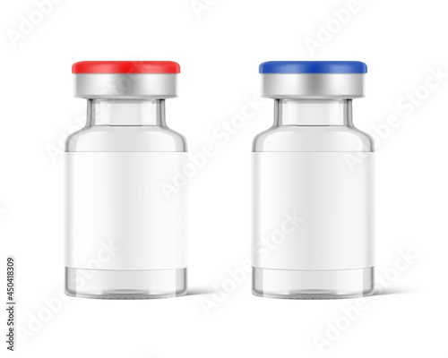 Transparent glass bottles for vaccine injections mockup. Vector illustration isolated on white background. Can be use for medicine, cosmetic and other. Ready for your design. EPS10. 