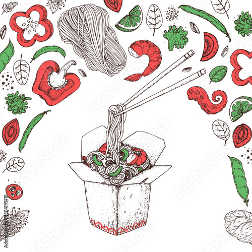 Hand drawn vector illustration - Wok box sketch, ingredients for wok . Noodles in a carton box. Asian food.