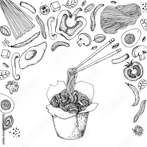 Hand drawn vector illustration - Wok box sketch, ingredients for wok . Noodles in a carton box. Asian food.