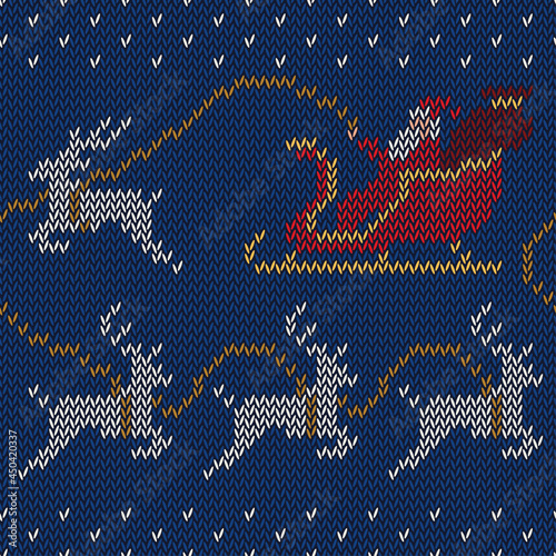 Christmas Seamless Knitted pattern with Santa Claus Rides Reindeer Sleigh. Festive, Holiday, Winter Stitch embroidery vector illustration. Nordic tradition sweater. Navy blue background.