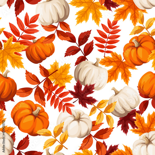Vector autumn seamless pattern with orange, brown and yellow autumn leaves and orange and white pumpkins.