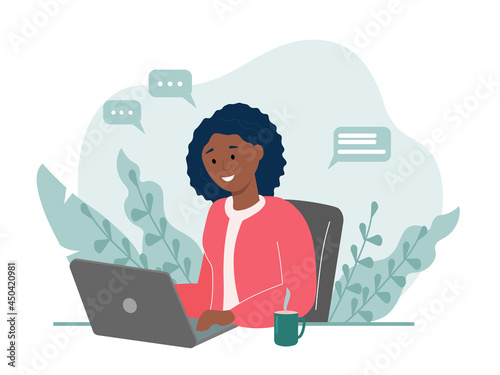 A young girl, an African, a freelancer works on a computer, laptop, communicates virtually from home. The concept of a webinar, a call center, a remote life during quarantine. Vector graphics.
