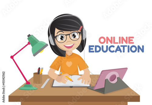 Little girl working at laptop online education.,vector eps10