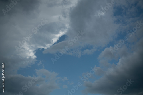 Blue sky background with stormy and white clouds.