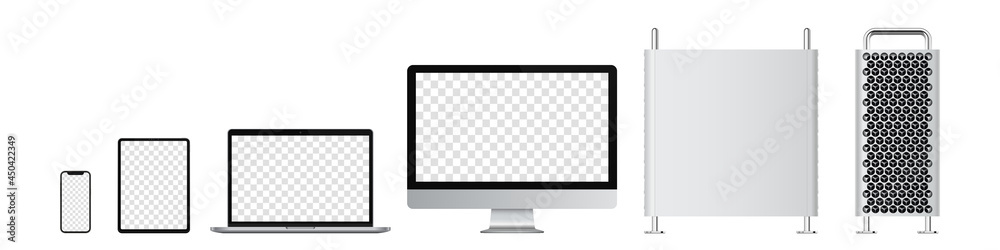 Realistic set of computer, monitor, laptop, tablet, smartphone. Vector illustration Realistic set of computer, monitor, laptop, tablet, smartphone. Vector illustration