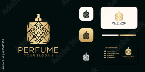 Luxury perfume logo with bottle design and business card template reference