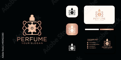Luxury perfume logo with bottle design and business card template reference