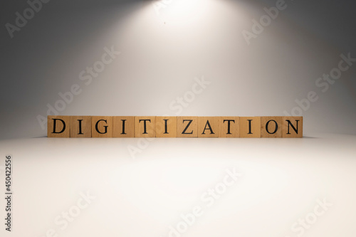 Digitization was created from wooden cubes. Industry and technology.