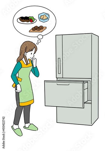 冷蔵庫の中身を見ながら夕飯のメニューを決める女性のイラスト