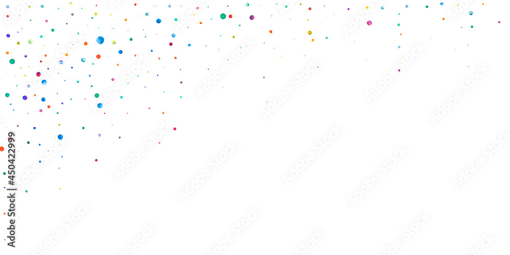 Fototapeta premium Watercolor confetti on white background. Alive rainbow colored dots. Happy celebration wide colorful bright card. Lively hand painted confetti.