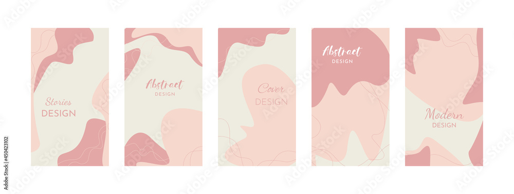 Set of abstract universal templates. Social media posts, stories, banner cover, advertising. Vector illustration. Minimalism Pink, beige background for text. Free shapes and lines.