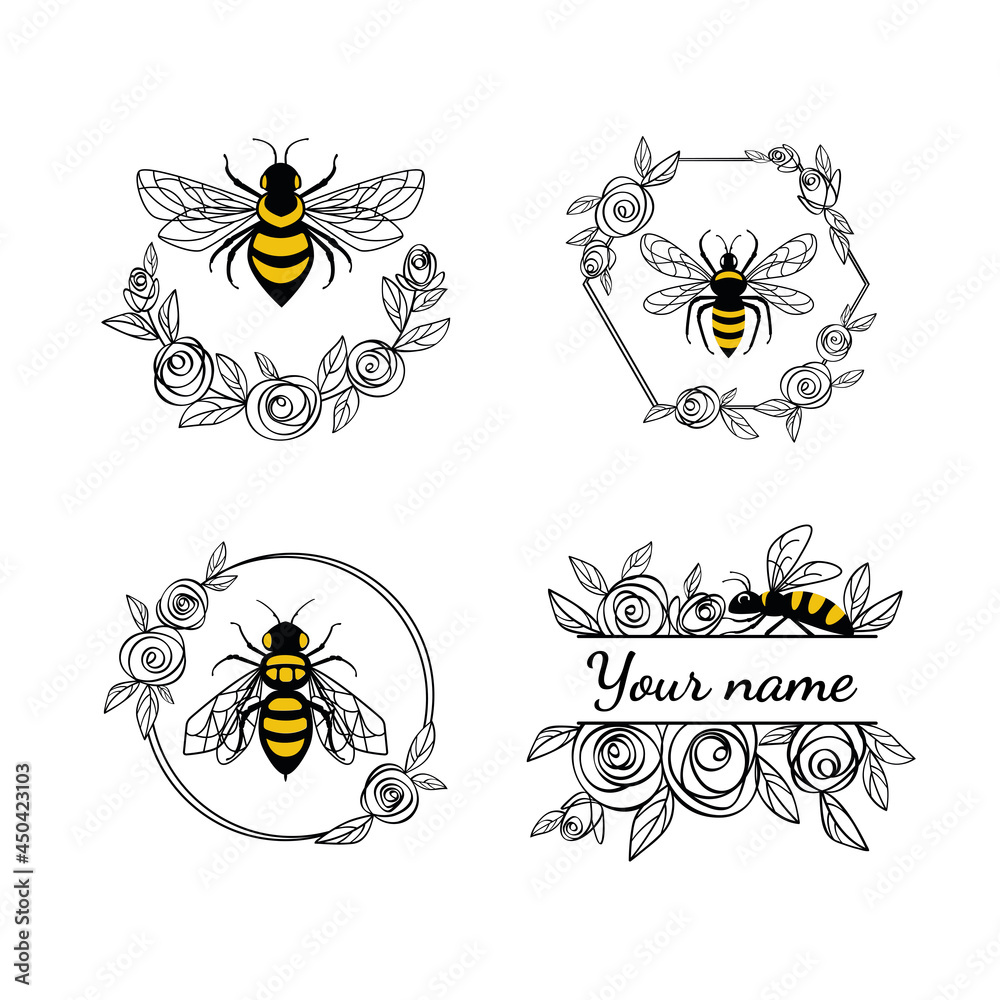 Honey bee in a flower frame. Set of floral frames and wreaths. Made of rose  flowers and leaves. Suitable for cutting SVG files on a plotter. Bumblebee  for t-shirt design Stock Vector