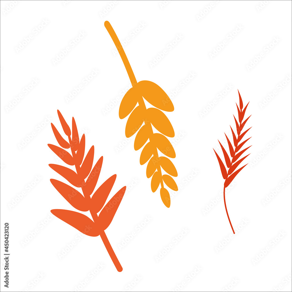 Set of abstract leaves. Silhouette of autumn twigs. Vector leaf of yellow and orange colors. Nature, ecology, botany, flora. Leaves for school template design. Set of abstract leaves. Silhouette of autumn twigs. Vector leaf of yellow and orange colors. Nature, ecology, botany, flora. Leaves for school template design.
