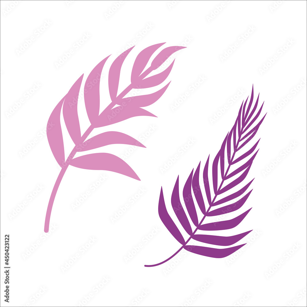 Fototapeta premium Set of abstract leaves. Silhouette of tropical leaves. Vector leaf of pink and purple flowers. Nature, ecology, botany, flora. Leaves for the design of beauty salons and spa