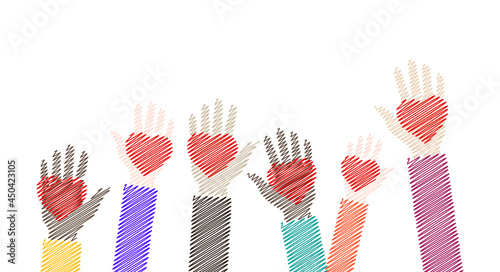 Childrens scribble hands with red hearts. Flat vector illustration isolated on white