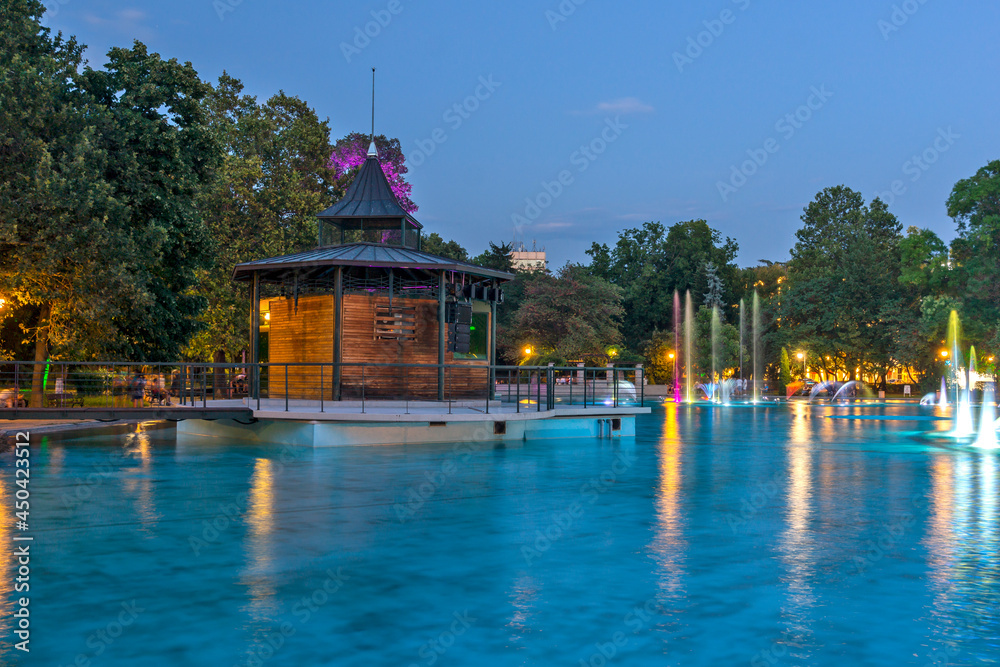 Obraz premium Sunset view of Singing Fountains in City of Plovdiv, Bulgaria