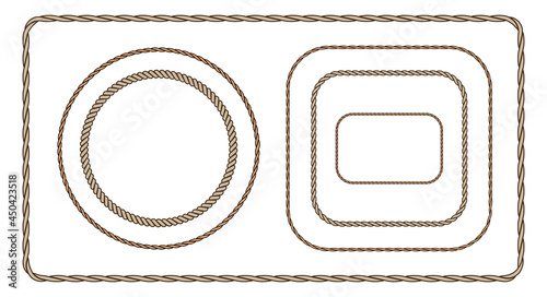 Brown rope frame set. Flat vector illustration isolated on white background.