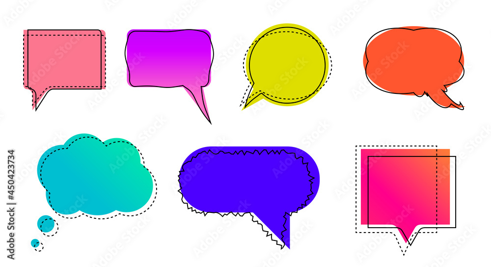 Comic style text boxes of different colors. Doodle quote box frames collection. Hand drawing speech bubbles. Flat vector illustration isolated on white background. Comic style text boxes of different colors. Doodle quote box frames collection. Hand drawing speech bubbles. Flat vector illustration isolated on white background.