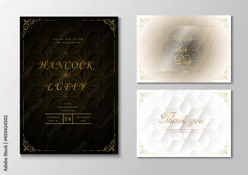   Luxury wedding invitation card template with black, white and gold background design geometric shape