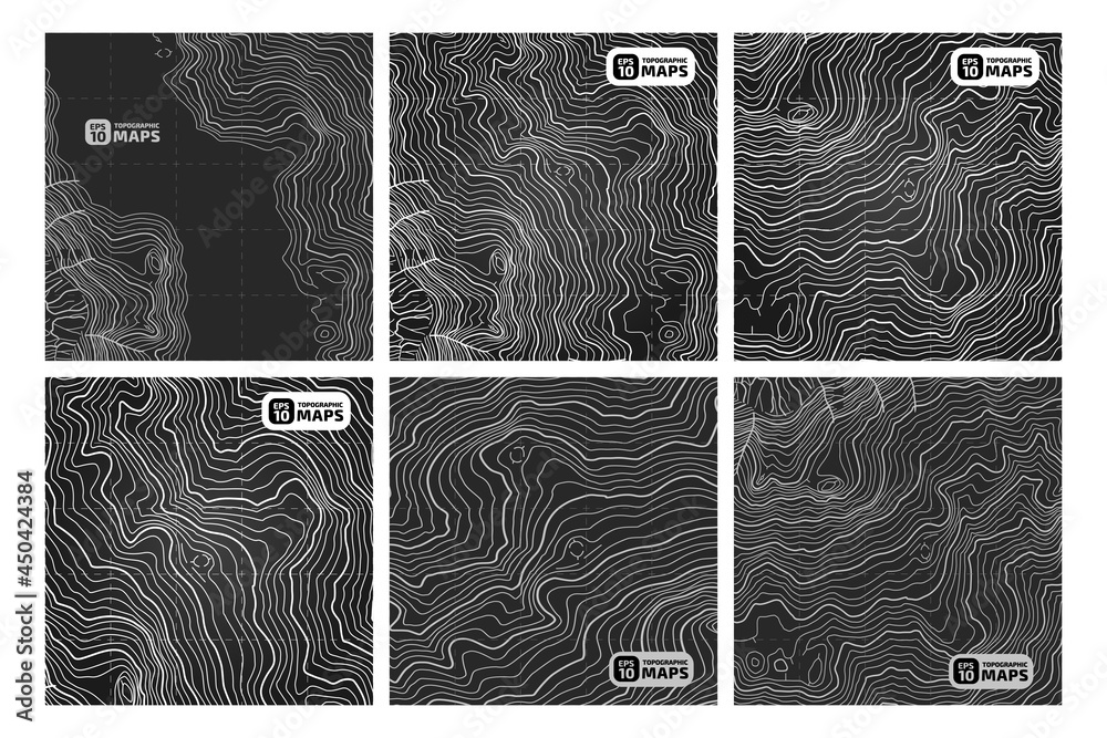 Set of stylized elevation topographic contour maps on black bacground form of lines, outlines. Concept of a conditional geographic scheme, trail of the area. Decoration material. Vector illustration.
