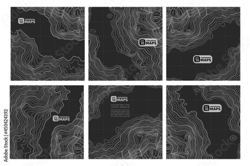 Set of stylized elevation topographic contour maps on black bacground form of lines, outlines. Concept of a conditional geographic scheme, trail of the area. Decoration material. Vector illustration.