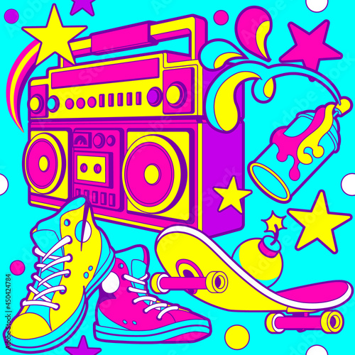80s audio Seamless Pattern. Cool Radio Background, Wallpaper