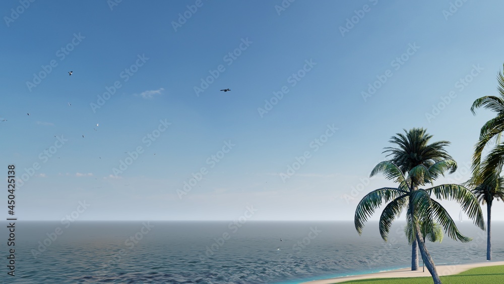 Romantic beach, two sun beds, loungers, palm tree. White sand, sea view with horizon, colorful twilight sky, calmness and relaxation. Inspirational beach resort hotel. 3d rendering.
