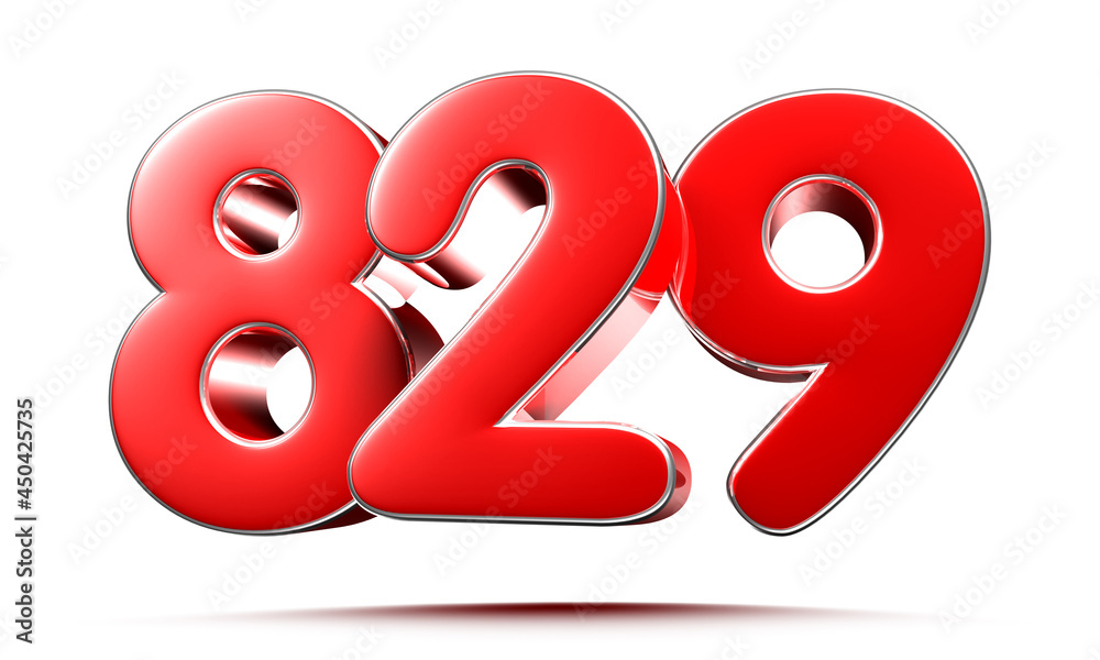 Rounded red numbers 829 on white background 3D illustration with clipping path