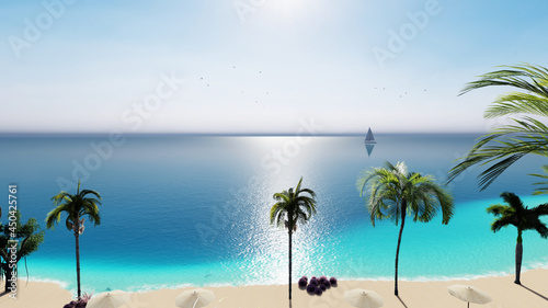Fototapeta Naklejka Na Ścianę i Meble -  Romantic beach, two sun beds, loungers, palm tree. White sand, sea view with horizon, colorful twilight sky, calmness and relaxation. Inspirational beach resort hotel. 3d rendering.
