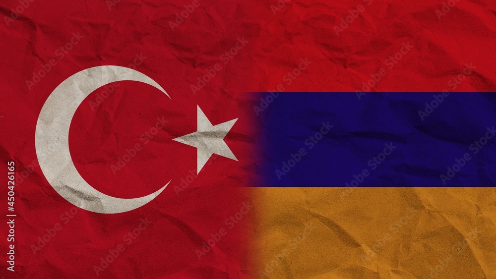 Obraz premium Armenia and Turkey Flags Together, Crumpled Paper Effect Background 3D Illustration