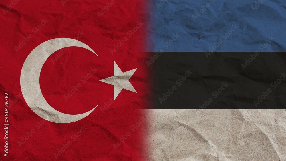 Estonia and Turkey Flags Together, Crumpled Paper Effect Background 3D Illustration