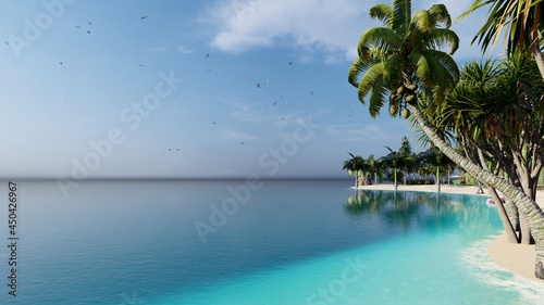 Romantic beach  two sun beds  loungers  palm tree. White sand  sea view with horizon  colorful twilight sky  calmness and relaxation. Inspirational beach resort hotel. 3d rendering. 