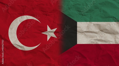 Kuwait and Turkey Flags Together, Crumpled Paper Effect Background 3D Illustration