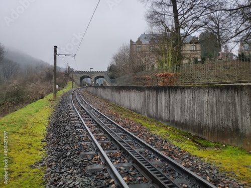 Cable car rail track in Siebengebirge, Königswinter, Germany (Drachenfelsbahn)