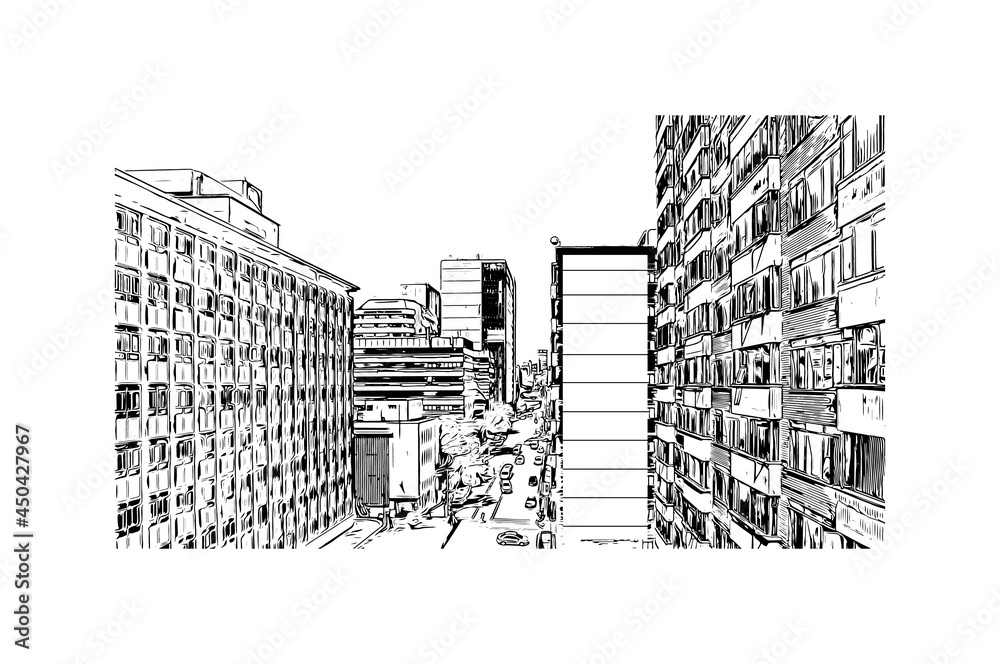 Fototapeta premium Building view with landmark of Johannesburg is the city in South Africa. Hand drawn sketch illustration in vector.