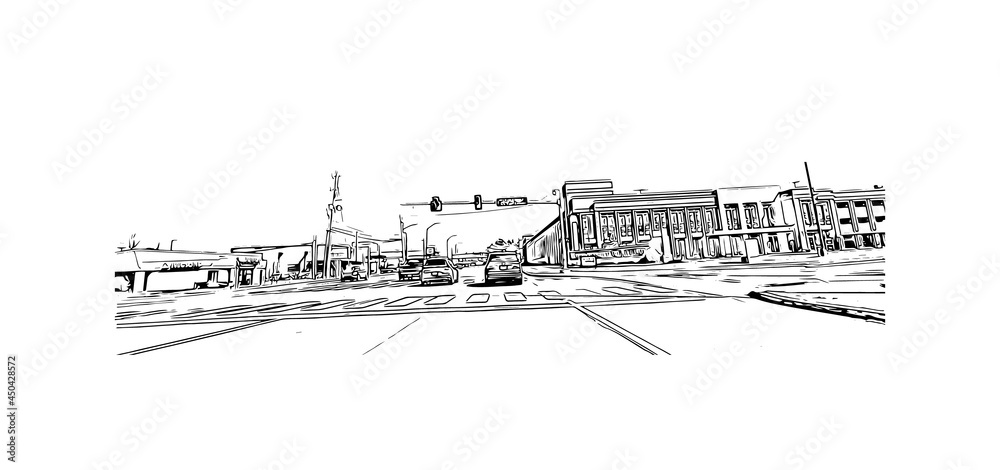 Building view with landmark of Johnson City is in east Tennessee. Hand drawn sketch illustration in vector.