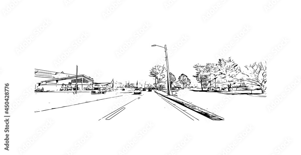 Building view with landmark of Johnson City is in east Tennessee. Hand drawn sketch illustration in vector.