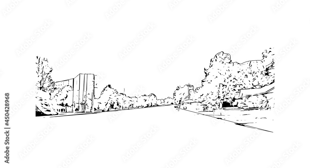Fototapeta premium Building view with landmark of Jonesboro is the city in Arkansas. Hand drawn sketch illustration in vector.