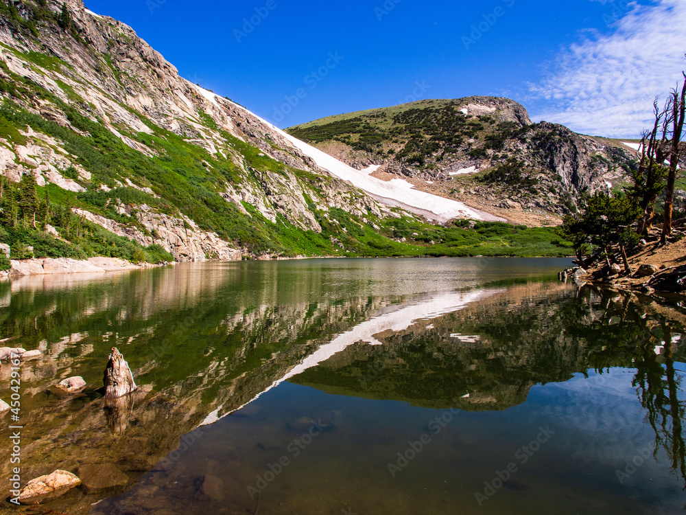 Symmetrical mountain reflection in lake with blue sky and cloud in the Rocky Mountains. Symmetrical mountain reflection in lake with blue sky and cloud in the Rocky Mountains.
