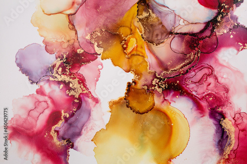 Fototapeta Naklejka Na Ścianę i Meble -  Abstract fluid art. Alcohol ink on canvas. Purple, red, and gold